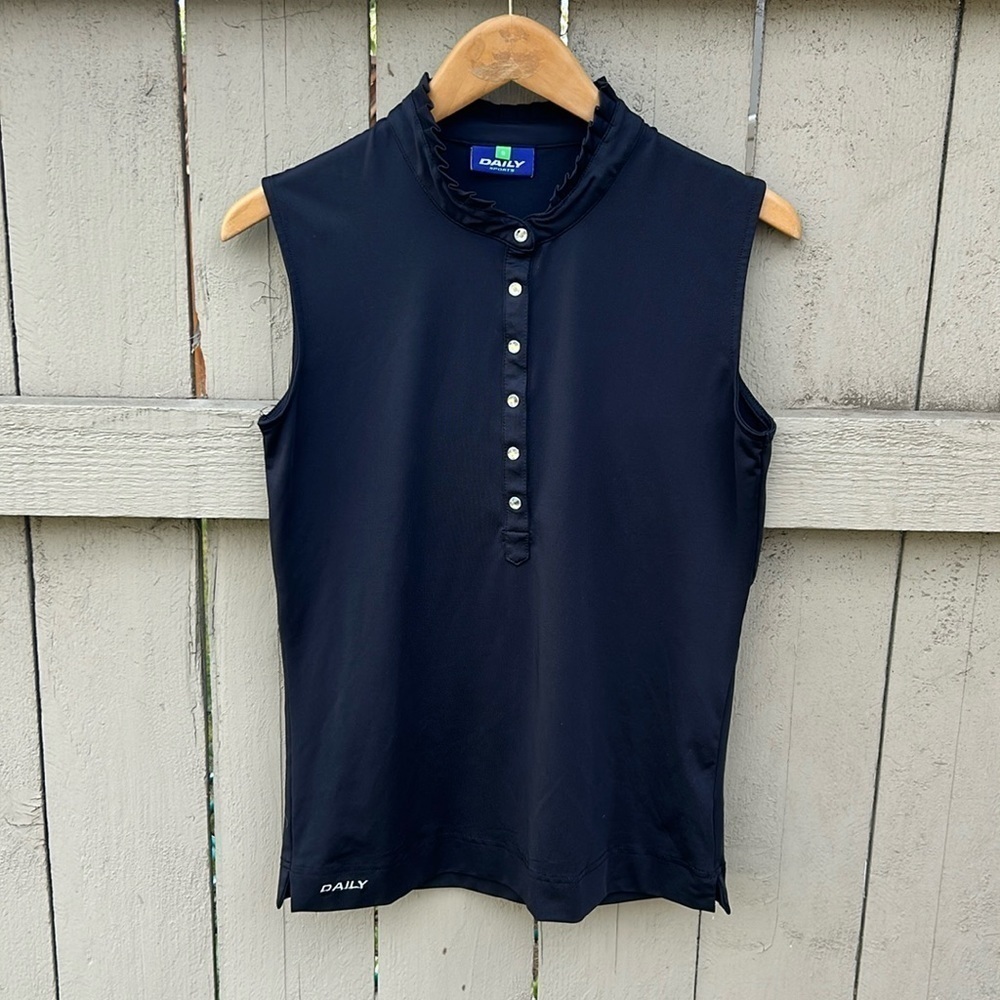 Daily Sports Sleeveless Golf Polo Shirt Black Ruffles Bling Button Snaps Sz S